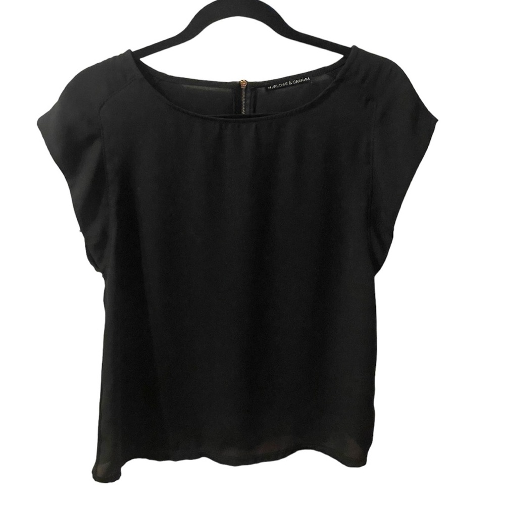 Harlowe & Graham Short Sleeve Blouse Black Sheer Top Contrast Back Zipper Small